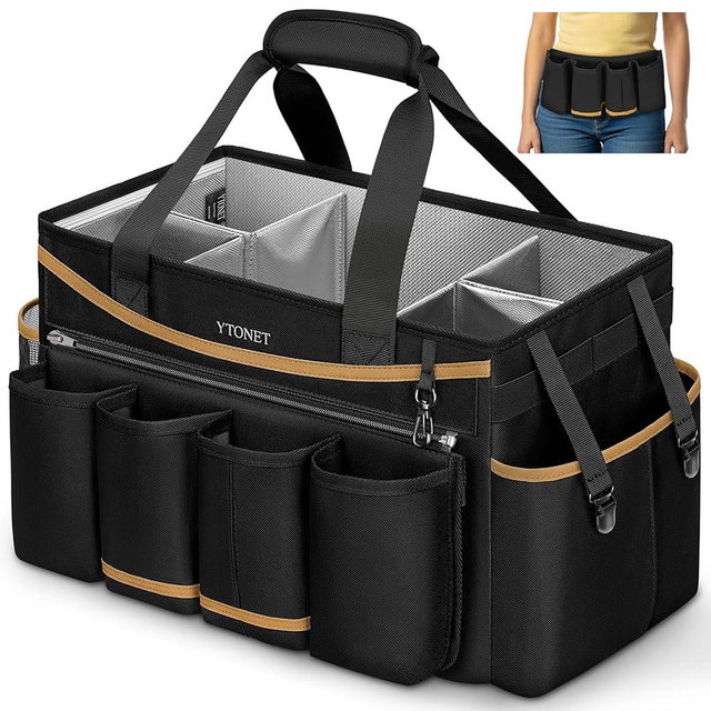 Ytonet Cleaning Caddy Bag with Detachable Apron, Extra Large Cleaning Supplies Organizer with Foldable Dividers, Portable Cleaner Tote with Handle, Cleaner Caddy for Housekeeper, Black