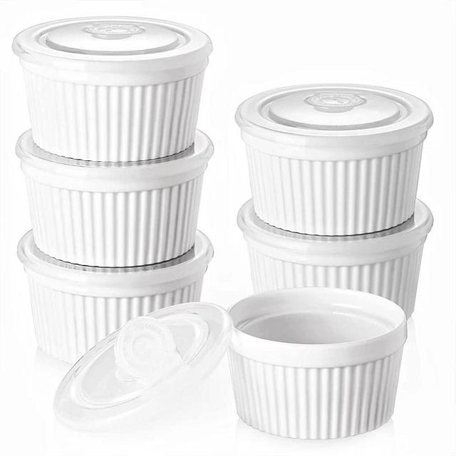 DOWAN Ramekins 8 oz Oven Safe with Lids, Creme brulee Souffle Ramekins with Covers, Porcelain White Ramekins for Baking, Stackable, Set of 6