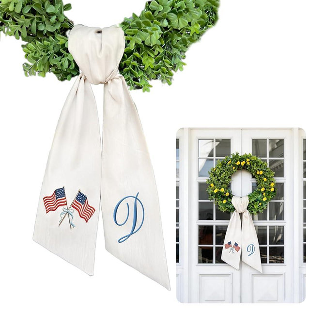 OAEUQ Personalized Patriotic Anniversary Wreath Sash - Monogrammed Wreath Sashes with American Flags for Front Doors Custom Embroidered 250th Anniversary Decor 4th of July Wreath Sash (D)