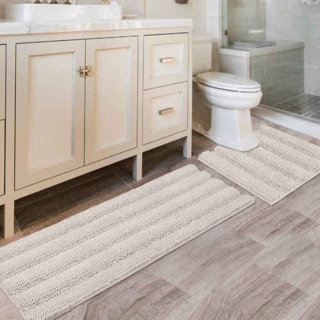Bathroom Rugs Bath Mats Striped Shag Chenille Bathroom Rug Toilet Sets Non Slip Water-Absorbent Dry Fast Soft Microfiber Bath Contour Mat(47"x 17" and 20" x 20" U Shape, Ivory)