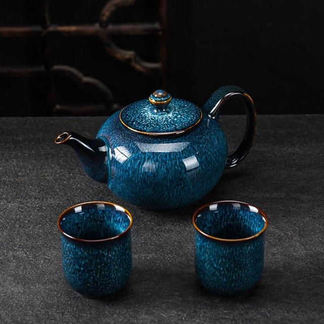 Blue Ceramic Tea Set With Infuser Handmade Teapot large capacity kettle Tea pot with Handle