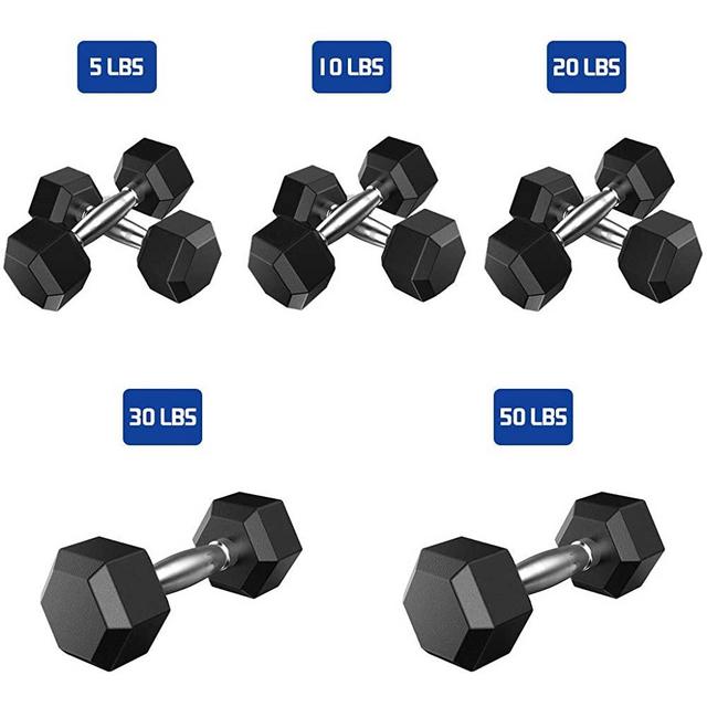 LLYWEY Weights Dumbbells Set, 5lbs, 10lbs, 20lbs, 30lbs, 50lbs Hex Rubber Dumbbell with Metal Handle,Home Workout Equipment,for Strength Training, Weight Loss, Workout Bench, Gym Equipment