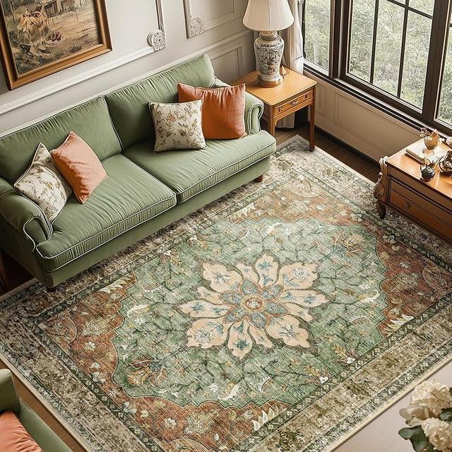RELEANY Area Rugs 6'x9' Washable Non-Slip, Floral Vintage Distress Print Pattern Medallion Carpet for Living Room Bedroom Dining Room, Brick Red Rust Neutral Brown Burnt Orange Green