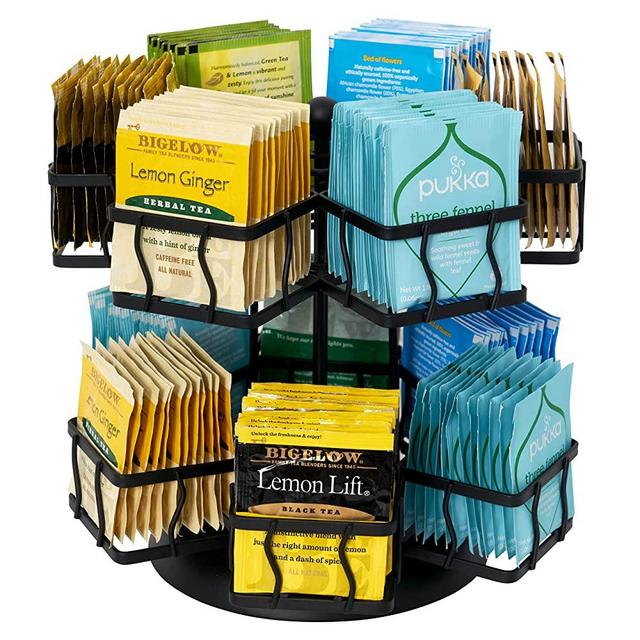 NHZ Tea Bag Organizer,Tea Bag Storage Holder Spinning Carousel with 12 Compartments, Up to 140 Tea Bags Storage, Tea Bag Holder Black Powder Coated Stainless Steel