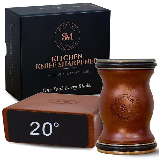 Strayt Mark Rolling Knife Sharpener Kit – Premium Walnut Wood Kitchen Knife Sharpener for 15° & 20° Edge - Magnetic Knife sharpener with Diamond & Stainless Disc #1000/#3000