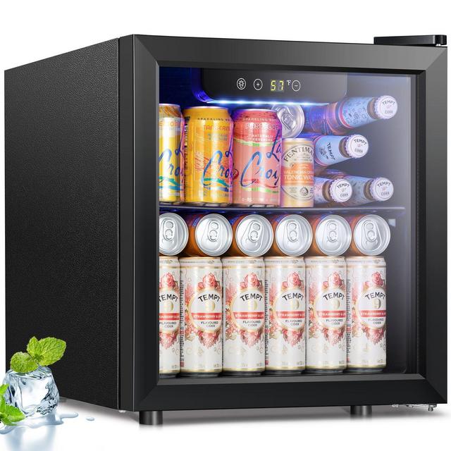 R.W.FLAME 12-Bottle 48-Can Beverage Fridge, Low Noise Clear Glass Door Countertop Cellar for Beer and Soda, 1.3 Cu.ft, Black