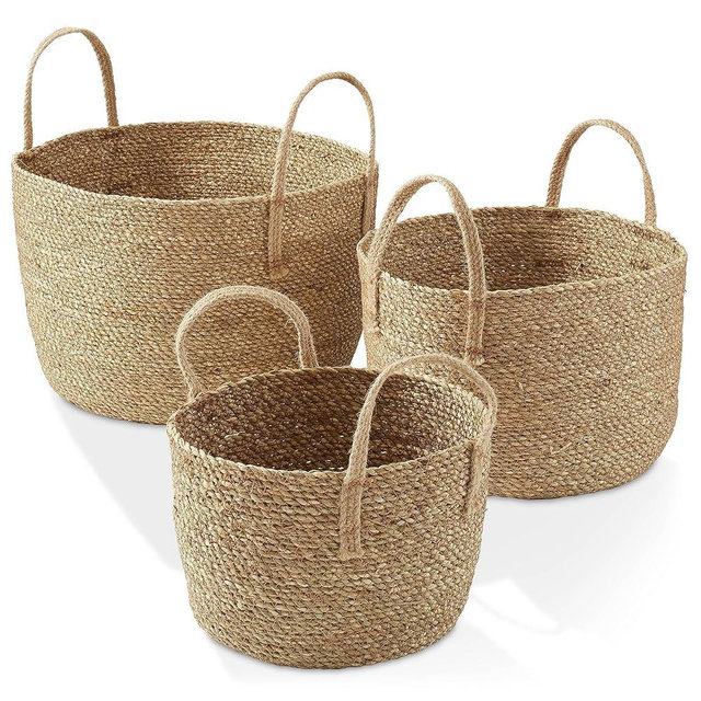 Casafield Set of 3 Braided Seagrass Baskets with Jute Handles - Natural, Woven Storage Basket Planters, Boho Decor for Entryway, Living Room, Bedroom