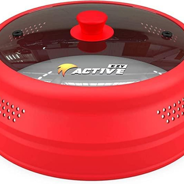 Ezy Active Collapsible Microwave Cover for Food - Silicone and Glass Splatter Guard Lid for 6-12 inch Plates & Bowls, Dishwasher Safe, Heat Resistant, BPA-Free, (Red).