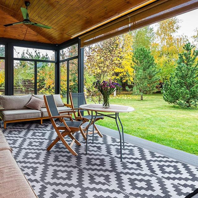 GENIMO Reversible Outdoor Rug for Patio Clearance,8'x10' Waterproof Plastic Large Mat,Patio,Camping,Rv,Deck,Porch,Camper,Balcony,Gray & White