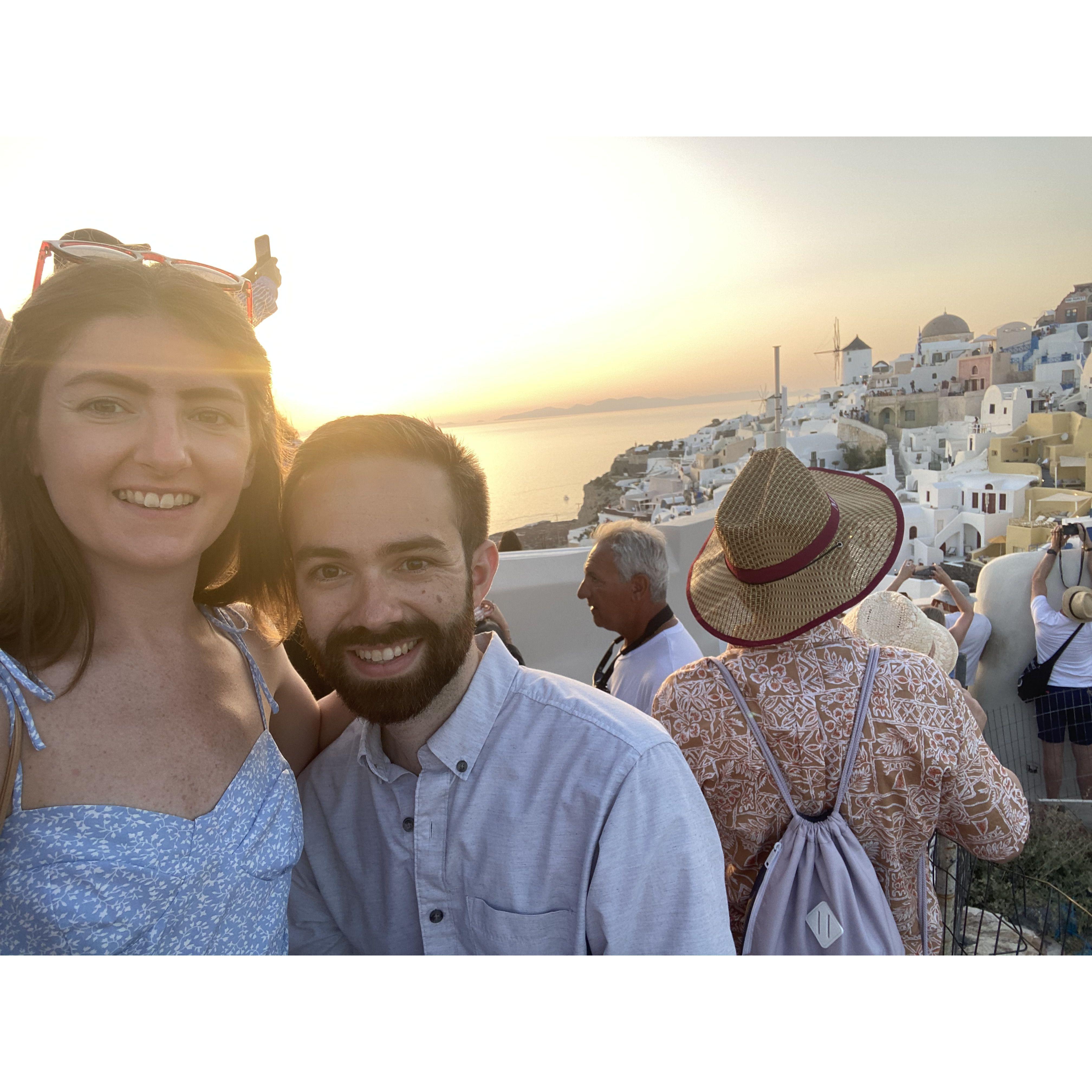 Our first trip to Europe together.  We visited Italy, Switzerland, and Greece!  Here, we're in Oia, Santorini, Greece