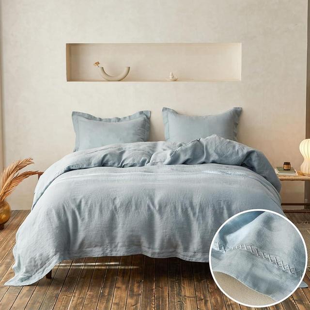 Simple&Opulence 100% Linen Duvet Cover Set with Crossed Embroidery Washed - 3 Pieces (1 Duvet Cover with 2 Pillow Shams) Soft Breathable Farmhouse - Dusty Blue, King Size