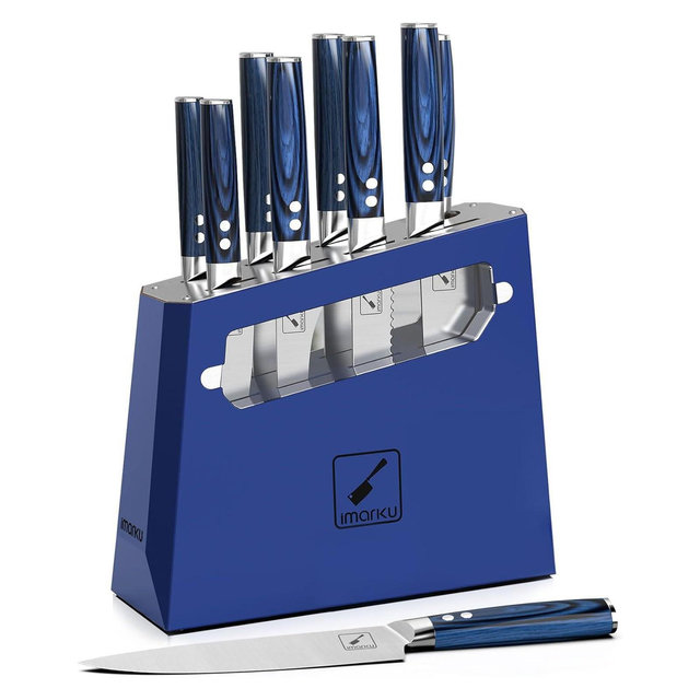 imarku 9 Piece Kitchen Knife Set with Block and Sharpener, Japanese Stainless Steel Blue Professional Knife Set, Ergonomic Handle, Kitchen Essentials