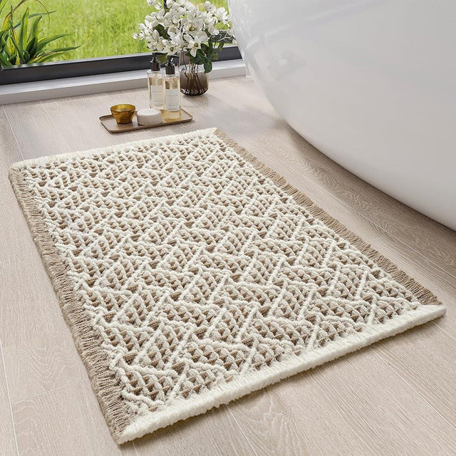 QiCaiJia Waffle Bathroom Rugs, Extra Soft and Absorbent Non Slip Bath Mat Washable Boho Bath Rug, Rubber Backed Shower Mat for Bathroom Floor, Bathtub and Shower, 24x36