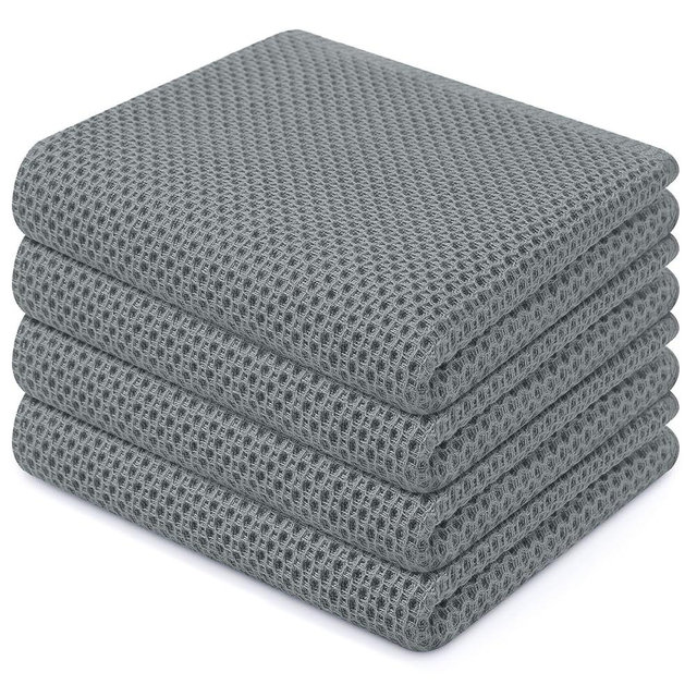 Homaxy 100% Cotton Waffle Weave Kitchen Dish Towels, Ultra Soft Absorbent Quick Drying Cleaning Towel, 13 x 28 Inches, 4-Pack, Grey