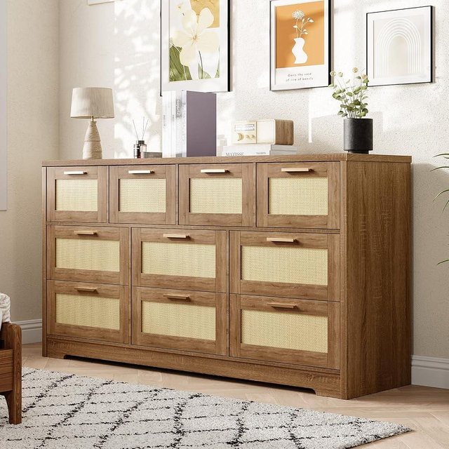 GarveeLife 10 Drawer Dresser for Bedroom, 59 in Farmhouse Rattan Dressers & Chests of Drawers, Wooden Storage Organizer with Anti-Tipping Device for Living Room, Hallway, Entryway, Natural