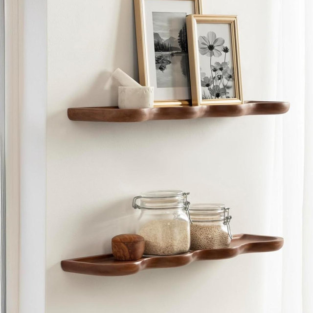 Kate and Laurel Alezar Modern Scalloped Mango Wood Floating Shelves, Set of 2, 24 x 6, Walnut Brown, Functional Wavy Bathroom and Kitchen Shelves for Storage and Display