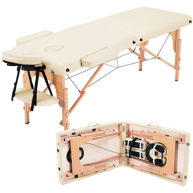 Yaheetech Massage Table Portable Lash Bed Massage Bed Foldable Massage Tables Spa Bed Adjustable 2 Fold with Non-Woven Bag, Cream