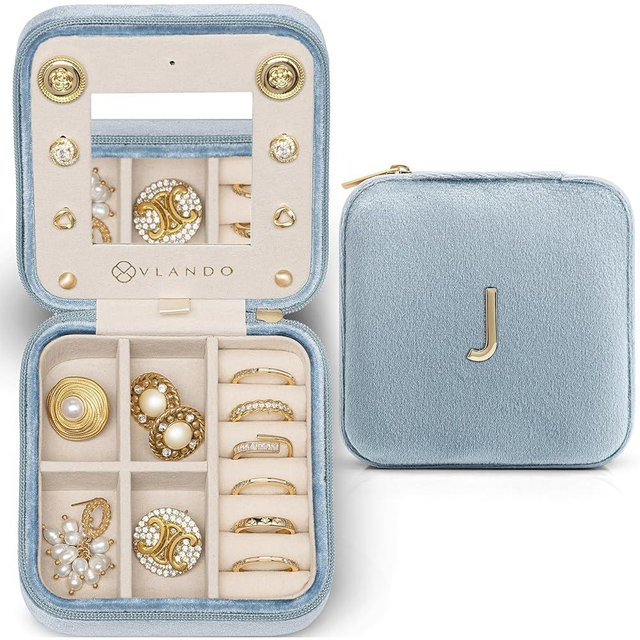 VLANDO Birthday Gifts for Women Friendship, Personalized Initial Jewelry Box, Friendship Gifts for Women Friends, Travel Essentials Small Jewelry Box, Travel Box for Girls - Letter J, Blue