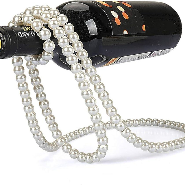 STANDOUTELROAL (White) Artificial Pearl Necklace Floating Wine Rack, Metal Wine Bottle Holder, Wine Bottle Stand for Bar and Home Decoration