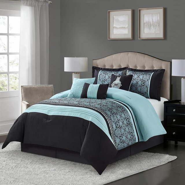 Stratford Park Damask 7 Piece Comforter Set, King, Aqua/Black Ultra-Soft Bedding, Matching Bedskirt, Pillows & Shams