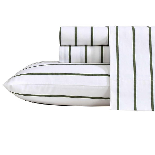 Nautica - King Sheets, Premium Cotton Percale Bedding Set, Striped Bedding Set, Oeko-Tex Certified (Brenton Stripe Ivory, King)
