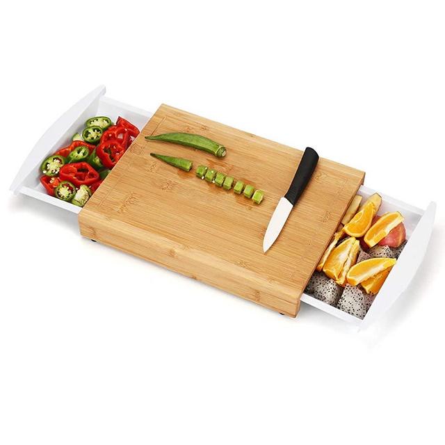 ANYO Bamboo Cutting Board with Tray, Eco-friendly Bamboo Chopping Board with 2 Drawers Juice Groove for kitchen Motorhome Outdoor Cook with Non Slip Feet