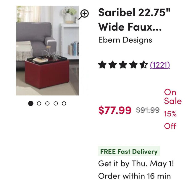 Ebern Designs Saribel 22.75" Wide Faux Leather Rectangle Ottoman with Reversible Tray | Wayfair