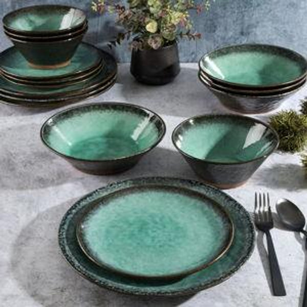 Gibson Elite Green Lantern Service for 4 (16 Piece) Double Bowl Dinnerware Set, Teal, Soft Gray, Dinnerware Set