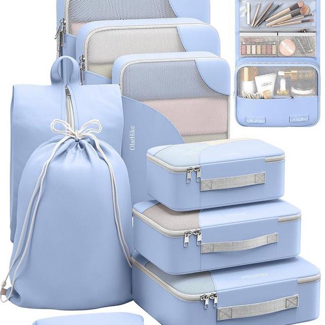 ALL INCLUDED 10 Set Durable Packing Cubes for Suitcases,OlarHike Essentials for Travel, UPGRADED Anti-Tear Stitching, NEW Improved Luggage Packing Organizers, Essentials for Travel(Light Blue)