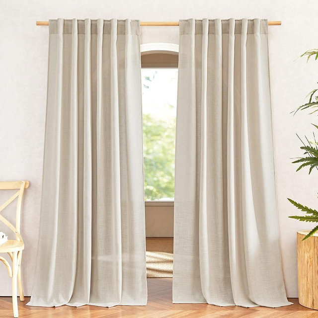 NICETOWN Linen Cream Curtains 108 inches Long, Rod Pocket & Back Tab Flax Linen Burlap Semi Sheer with Light Filtering Privacy Window Drapes for Living Room/Bedroom, W52 x L108, 2 Panels