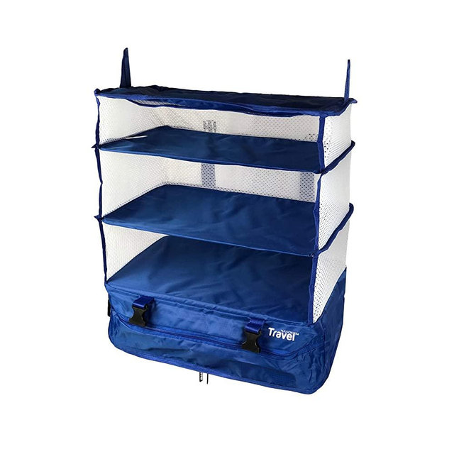 Stow-N-Go Portable Luggage System - Large - Blue, Packable Hanging Travel Shelves and Packing Cube Organizer