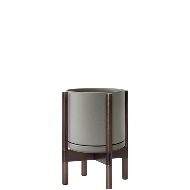 D'vine Dev Ceramic Planter with Walnut Color Stand - 10 Inch Modern Round Flower Pot with Wood Planter Holder, Grey, 55-B-X-3