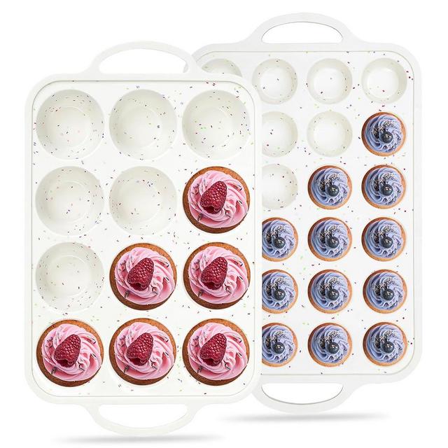 AOTASO Regular 12 Cup and Mini 24 Cup Nonstick Cupcake Pan Set Silicone Muffin Pan for Baking Silicone Cupcake Mold with Metal Reinforced Frame BPA Free (2 Pcs, Cream)