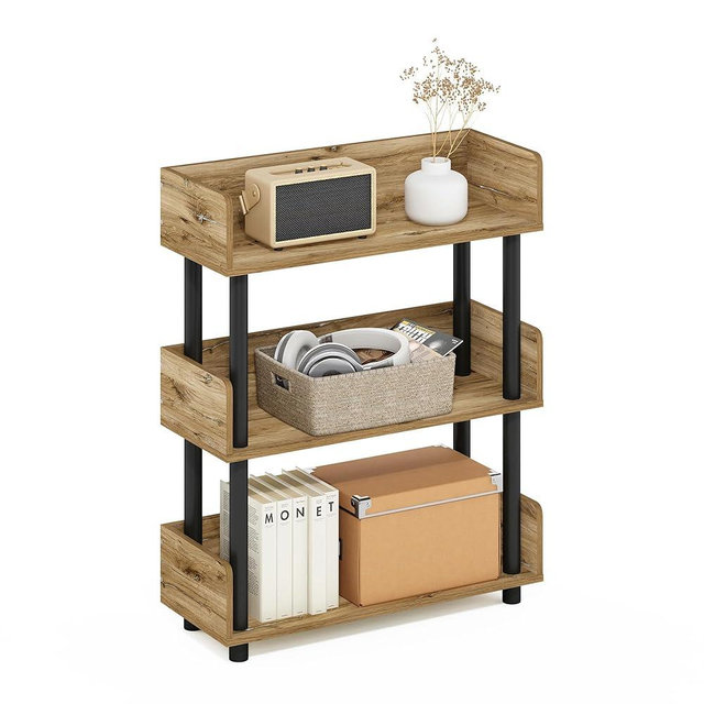 Furinno TURN-N-TUBE Display Shelf, 3-Tier Storage Shelves with Side Panels, Open Shelves Book Shelf with Rounded Corner Top Edges, for Organization and Storage, Living Room, Home Office, Flagstaff Oak