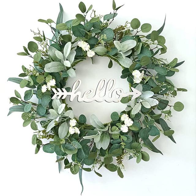 Eucalyptus Wreath with Hello Sign, Door Wreaths for Spring Summer, TOKCARE 22 Inch Artificial Lambs Ear Leaves Green Wreath for Front Door/Window/Farmhouse/Fireplace/Indoor and Outdoor Decoration…