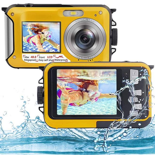 Underwater Camera Full HD 2.7K 48MP Waterproof Camera for Snorkeling Dual Screen Waterproof Camera Digital with Self-Timer and 16X Digital Zoom (Yellow)