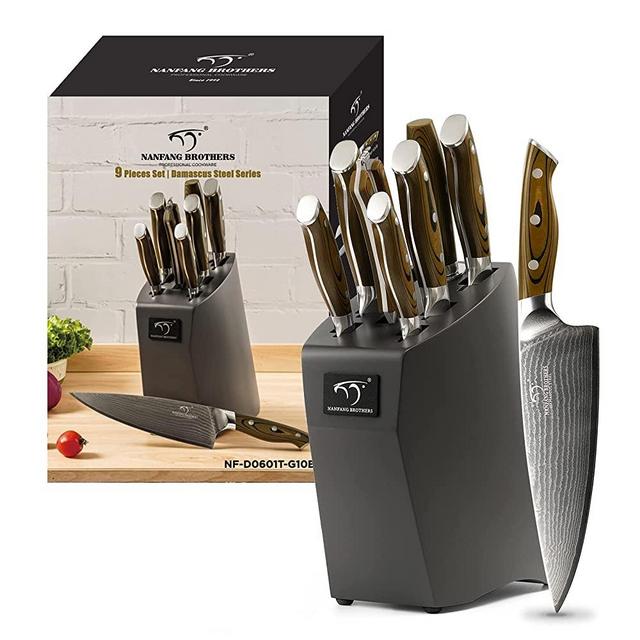 Kitchen Damascus Knife Set, 9-Piece Kitchen Knife Set with Block, Non-slip G10 Ergonomic Triple Rivet Handle for Chef Knives, Knife Sharpener and Kitchen Shears, Natural Wood Block (Black)