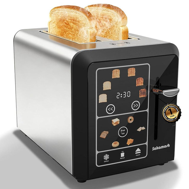 SAKAMOSH 2 Slice Touch Screen Toaster 1.3" Wide Slots, Smart Digital Display Toaster with 6 Browning Levels & 6 Bread Types, Memory, Defrost, Reheat, Stainless Steel, 800W