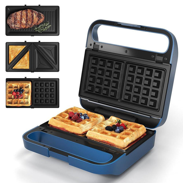 Sunvivi 3 in 1 Sandwich Maker, Electric Waffle Maker with Removable Non-stick Plates, 850W Panini Press Grill with Glass Top, Cool Touch Handle & Easy to Clean, Blue
