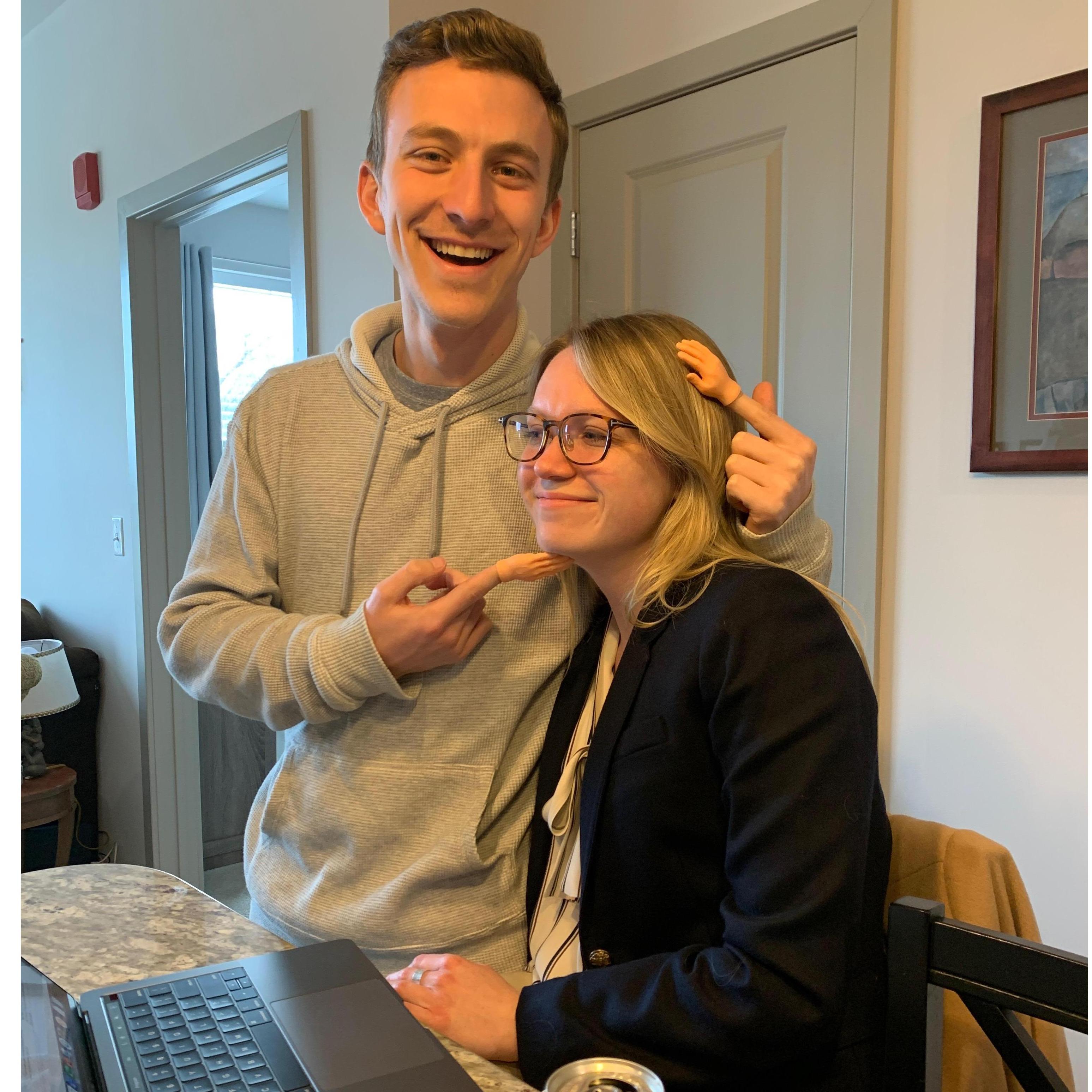 Max cheering Sonja up after a first day of remote work