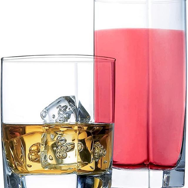 Everyday Drinking Glasses Set of 8 Drinkware Kitchen Glasses for Cocktail, Iced Coffee, Beer, Ice Tea, Wine, Whiskey, Water, 4 Tall Highball Glass Cups & 4 Short Old Fashioned Drinking Glass