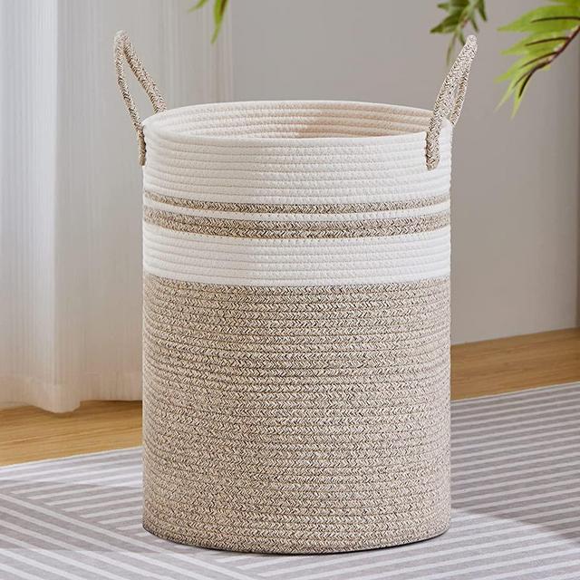VIPOSCO Large Laundry Hamper, Tall Woven Rope Storage Basket for Blanket, Toys, Dirty Clothes in Living Room, Bathroom, Bedroom - 100L Brown & White