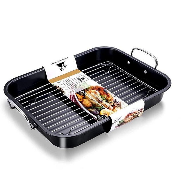 HONGBAKE Small Nonstick Roasting Pan with Rack, Professional Chicken Roaster Pan for Oven, 14 Inch x 11 Inch, Lasagna Cooking Tray with Stainless Steel Handles - Dark Grey