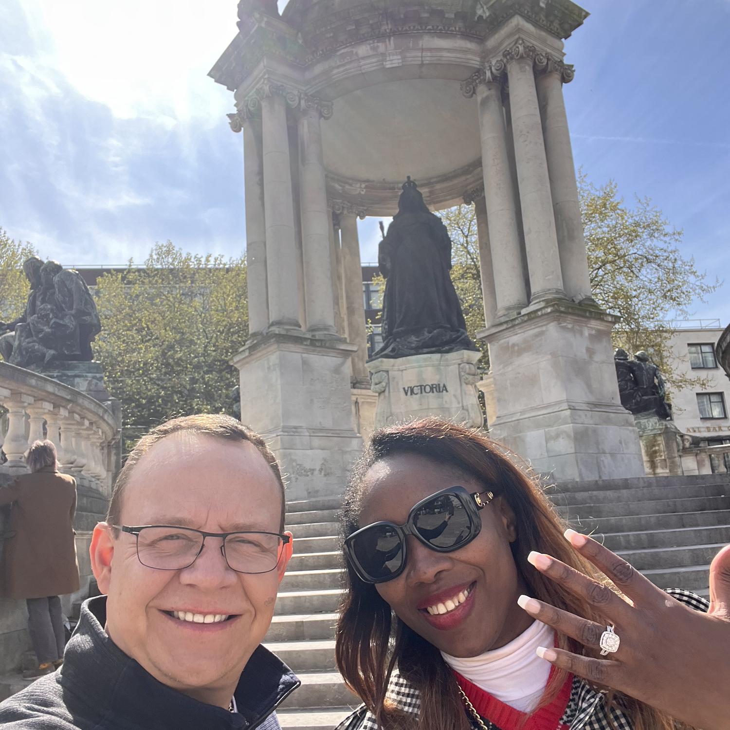 Behind us is Queen Victoria in Liverpool England, 2023