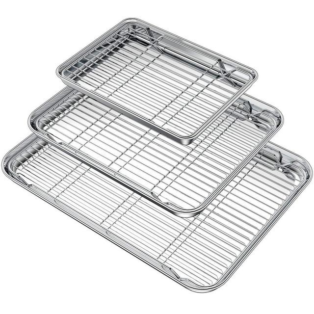 Wildone Baking Sheet with Rack Set (3 Pans + 3 Racks), Stainless Steel Baking Pan Cookie Sheet with Cooling Rack, Non Toxic Heavy Duty Easy Clean