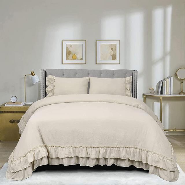 HIG 3 Piece Farmhouse Ruffled Duvet Cover Set King, Camel Vintage Duvet Cover with 2 Rows of Handmade Ruffle, Solid Washed Microfiber Comforter Cover for Bedroom - 1 Duvet Cover, 2 Shams (HANS)