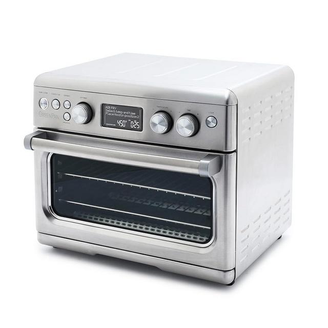 GreenPan 13-in-1 Elite Countertop Convection Oven and Air Fryer, PFOA and PFAS-Free Ceramic Tray and Pizza Pan, Adjustable Racks, Multifunction Presets, Toaster, Bake Broil Roast, Stainless Steel