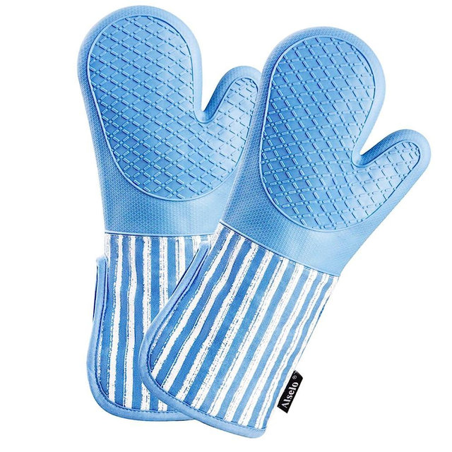 Alselo Silicone Oven Mitts Heat Resistant 932℉ with Waterproof & Non-Slip Kitchen Mittens, Set of 2 Extra Long Oven Gloves with Soft Cotton Terry Lining for Baking Cooking Barbecue (2, Blue Mitts)