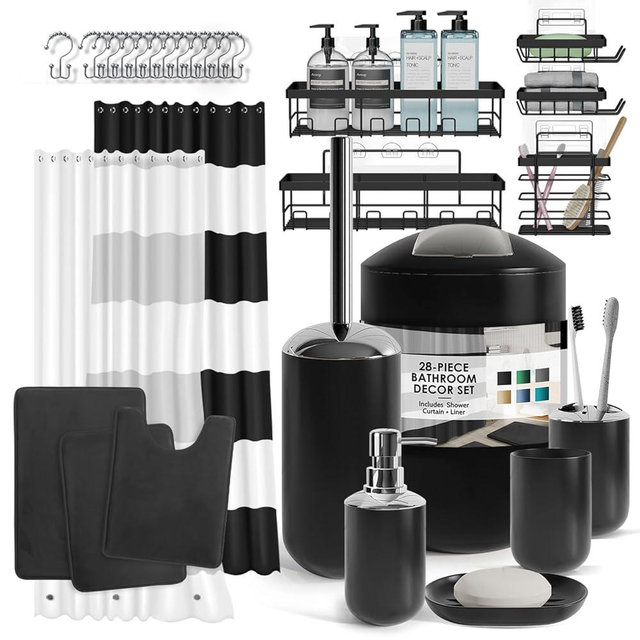 Clara Clark Bathroom Accessories Set - 28PC Bathroom Set with Adhesive Corner Shower Caddy Hanging, Bathroom Sets with Shower Curtain and Rugs, Black Shower Curtain Set with Bathroom Trash Can