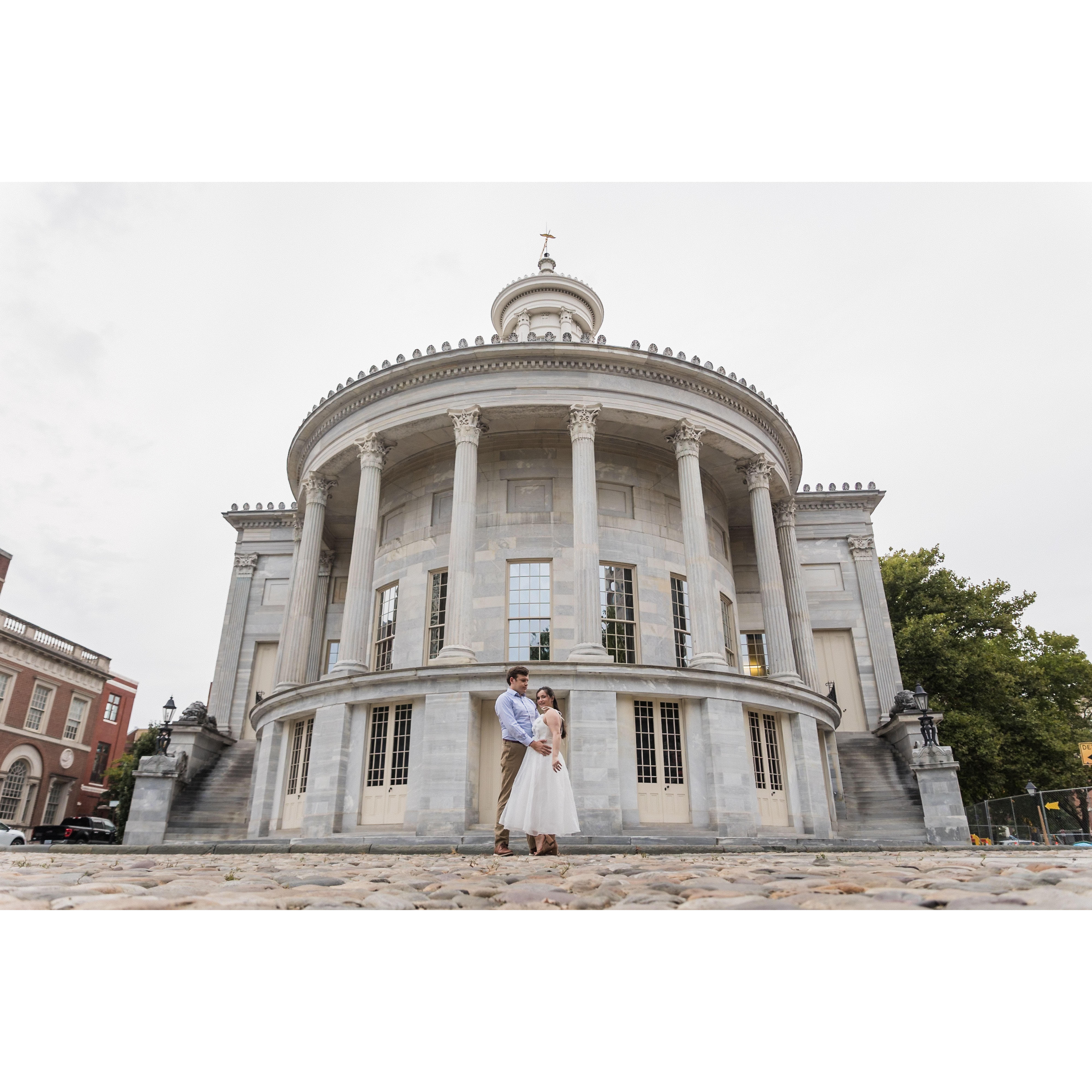 Engagement photos at the Merchant Exchange Building in Philadelphia
